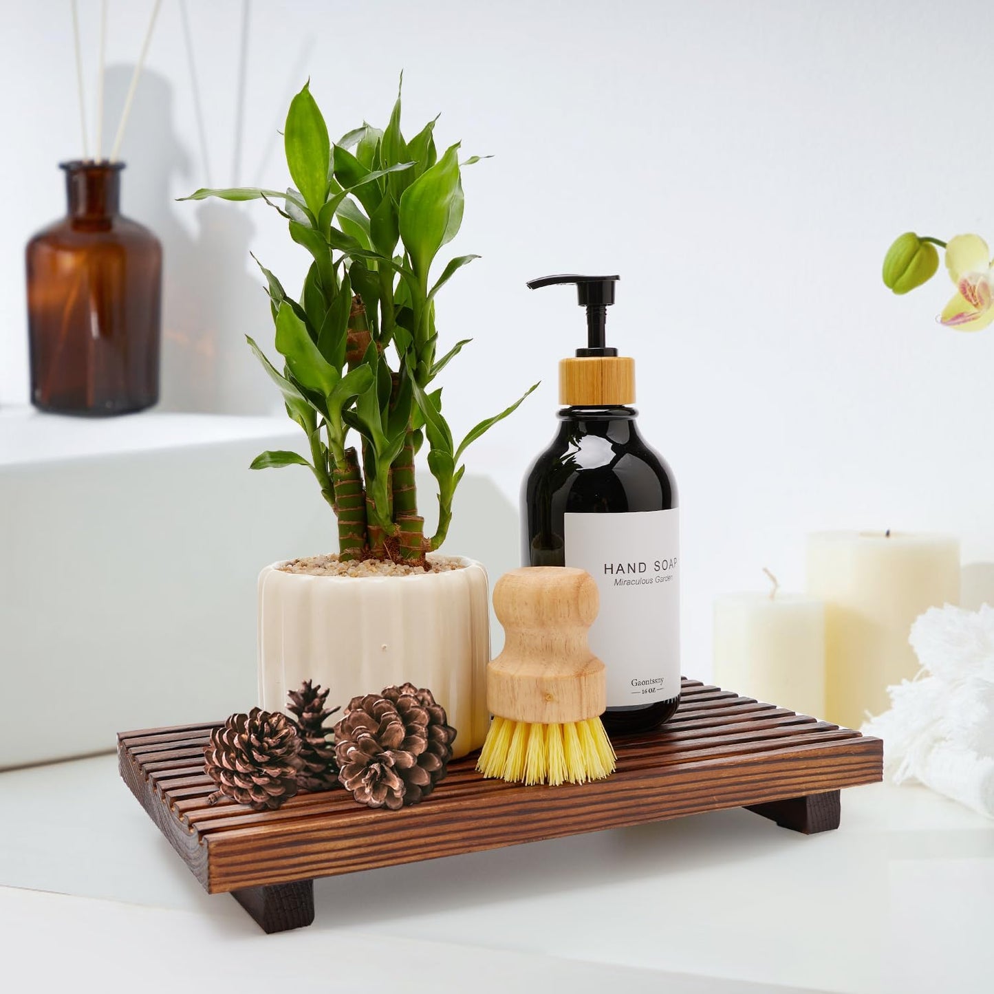 Renawe Small Kitchen Sink Soap Tray for Counter Soap Dish Dispenser Holder Wooden Risers Stand for Bathroom Decor Farmhouse Wood Pedestal Kitchen Accessories Countertop Vanity Counter Decorative Tray