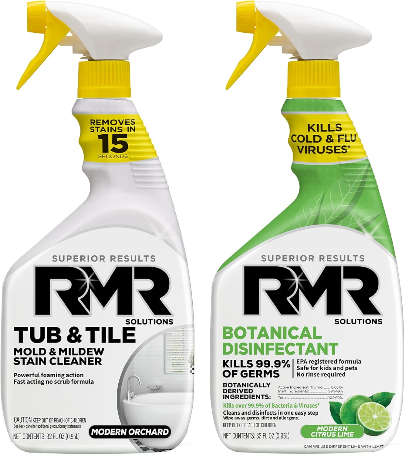 RMR Germ & Grime Guard Bundle – Tub & Tile Mold & Mildew Stain Remover + Botanical Disinfectant Cleaner, 2-Step Bathroom & Home Cleaning for Tile, Grout, Shower, Counters & More, 2–32 Oz Bottles