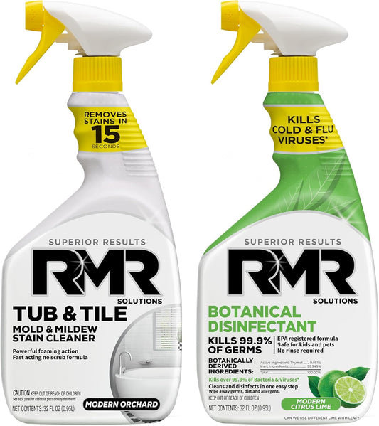 RMR Germ & Grime Guard Bundle – Tub & Tile Mold & Mildew Stain Remover + Botanical Disinfectant Cleaner, 2-Step Bathroom & Home Cleaning for Tile, Grout, Shower, Counters & More, 2–32 Oz Bottles