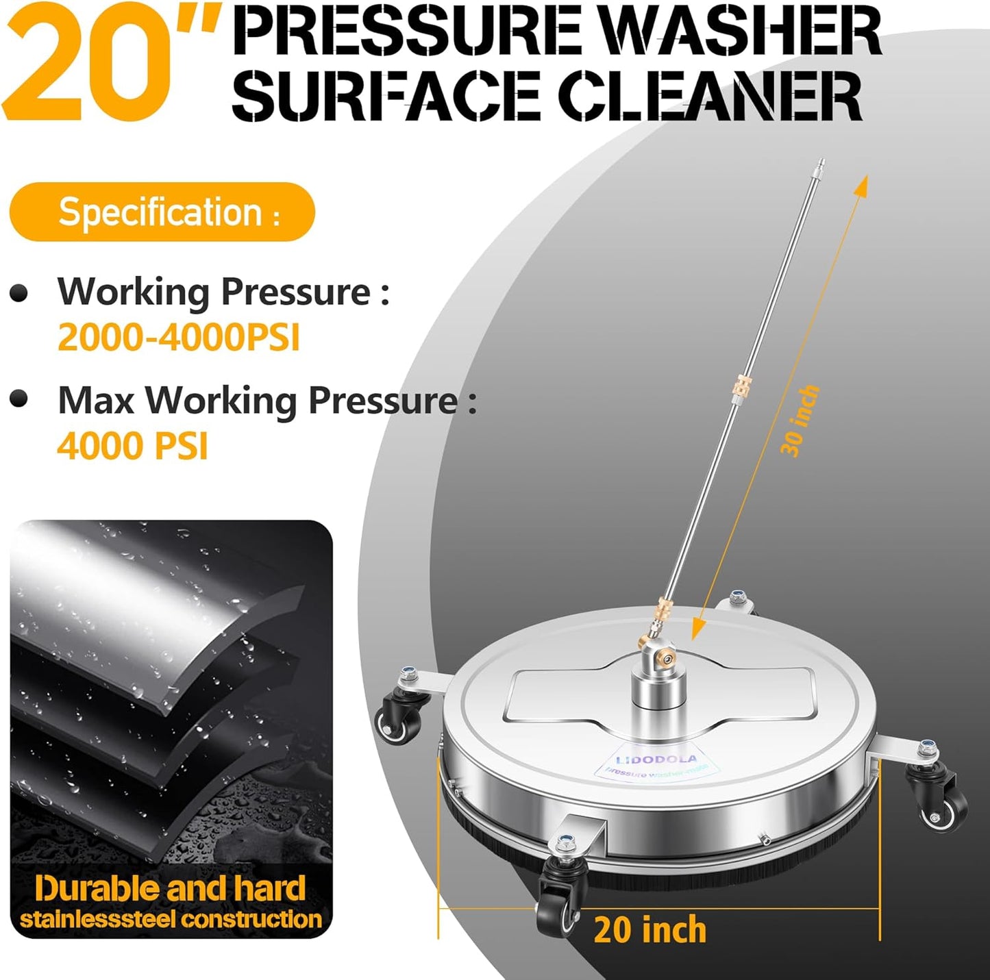 14" Pressure Washer Surface Cleaner with 4 Wheels - Stainless Steel Surface Cleaner for Pressure Washer Attachment for Concrete, Patio, Sidewalk, Deck and Driveways - PWS14