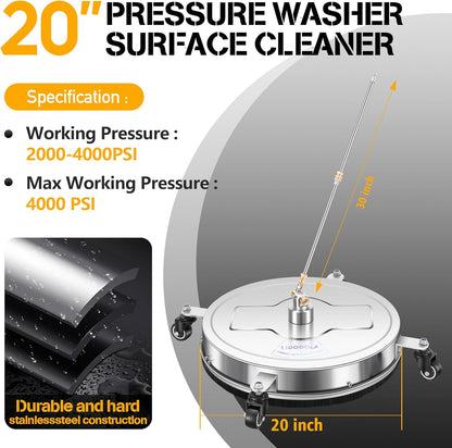 14" Pressure Washer Surface Cleaner with 4 Wheels - Stainless Steel Surface Cleaner for Pressure Washer Attachment for Concrete, Patio, Sidewalk, Deck and Driveways - PWS14
