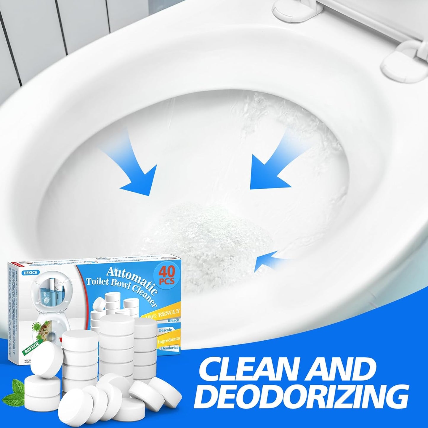 USKICH 20 Pack Toilet Bowl Cleaner Tablets,Blue Automatic Toilet Tank Cleaners, Long-Lasting Household Toilet Cleaners,Toilet flush Cleaning & Deodorizer