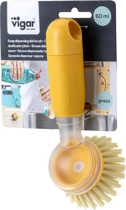 Vigar Rengo Soap Dispensing Dish Brush, Dish Brush with Soap Dispenser for Pot Scrubber, Dishes, Sink Cleaner, and Kitchen Essentials, Black