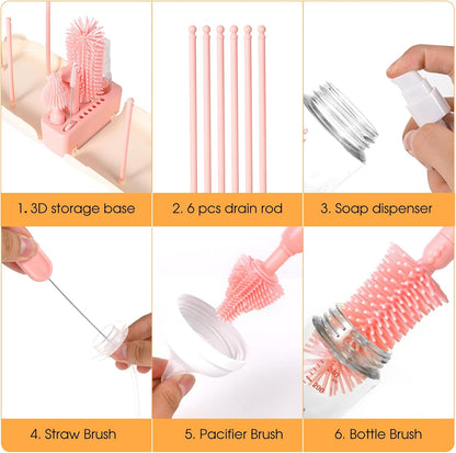 Travel Baby Bottle Cleaner Kit，7-in-1 Baby Bottle Brush Set for Travel and Home, All-in-One Baby Bottle Washing Kit: Integrated Cleaning & Drying System for Bottles and Breast Pump Parts (Green)