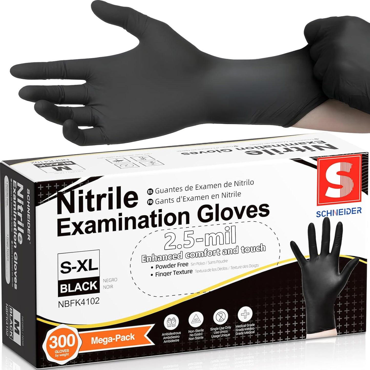 Schneider Black Nitrile Gloves, Powder Free, Disposable Gloves Latex Free for Medical Exam, Food Prep & Cleaning