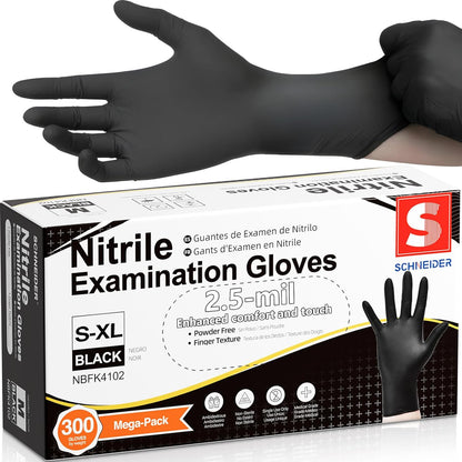 Schneider Black Nitrile Gloves, Powder Free, Disposable Gloves Latex Free for Medical Exam, Food Prep & Cleaning