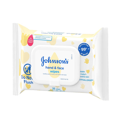 Johnson's Baby Hand & Face Baby Sanitizing Cleansing Wipes for Travel and On-The-Go, No More Tears Formula, Paraben and Alcohol Free, 25 ct, Case of 4