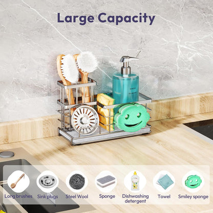 SWTYMIKI Sponge Holder for Kitchen Sink - 2 Tier Rustproof Sink Caddy with Instant Drying Stone, Removable Dish Brush Holder, Stainless Steel Kitchen Caddy for Coutertop Storage Accessories