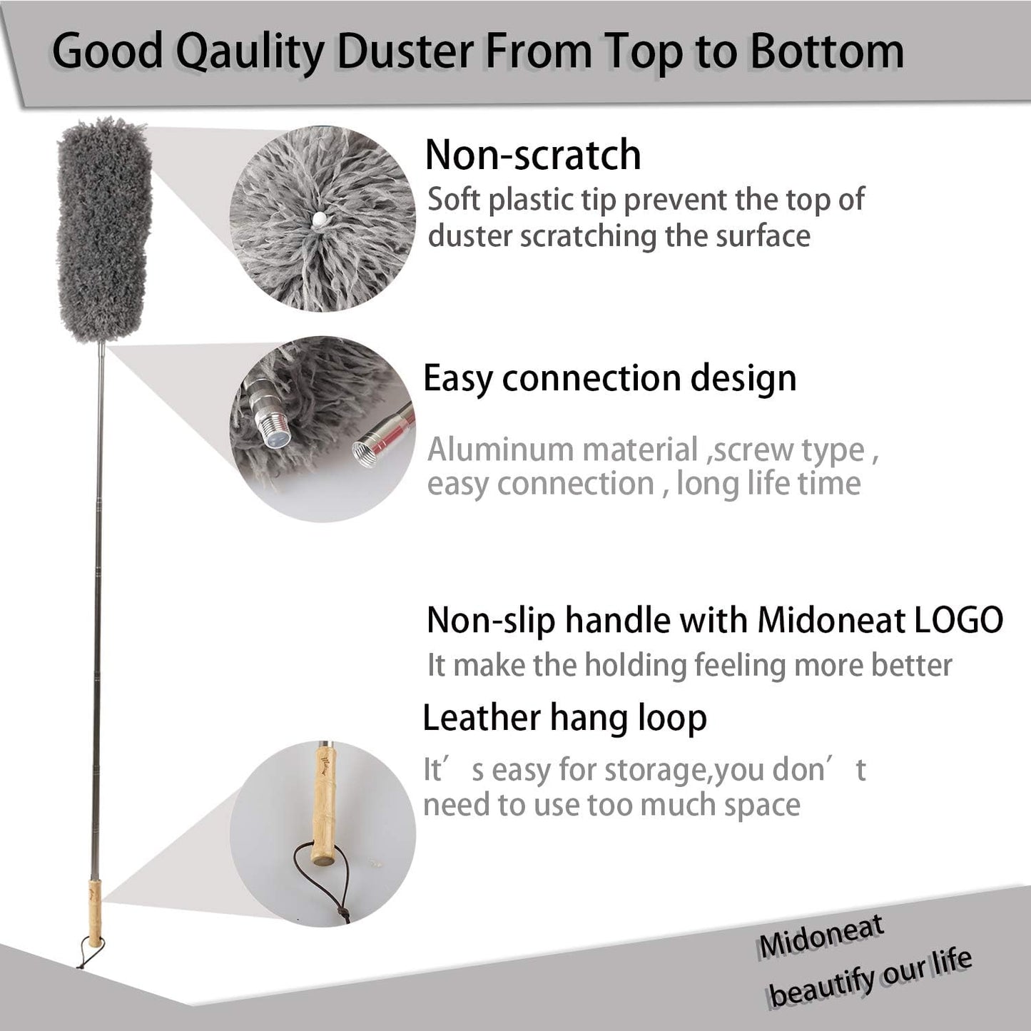 Midoneat Lambswool and Microfiber Duster, 2 Counts, Long Reach/Extendable Duster Up to 86" for Cleaning High Ceiling Fan, Interior Roof, Cobweb, Keyboard, Furniture