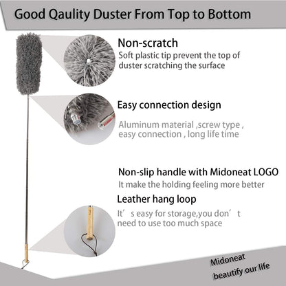 Midoneat Lambswool and Microfiber Duster, 2 Counts, Long Reach/Extendable Duster Up to 86" for Cleaning High Ceiling Fan, Interior Roof, Cobweb, Keyboard, Furniture