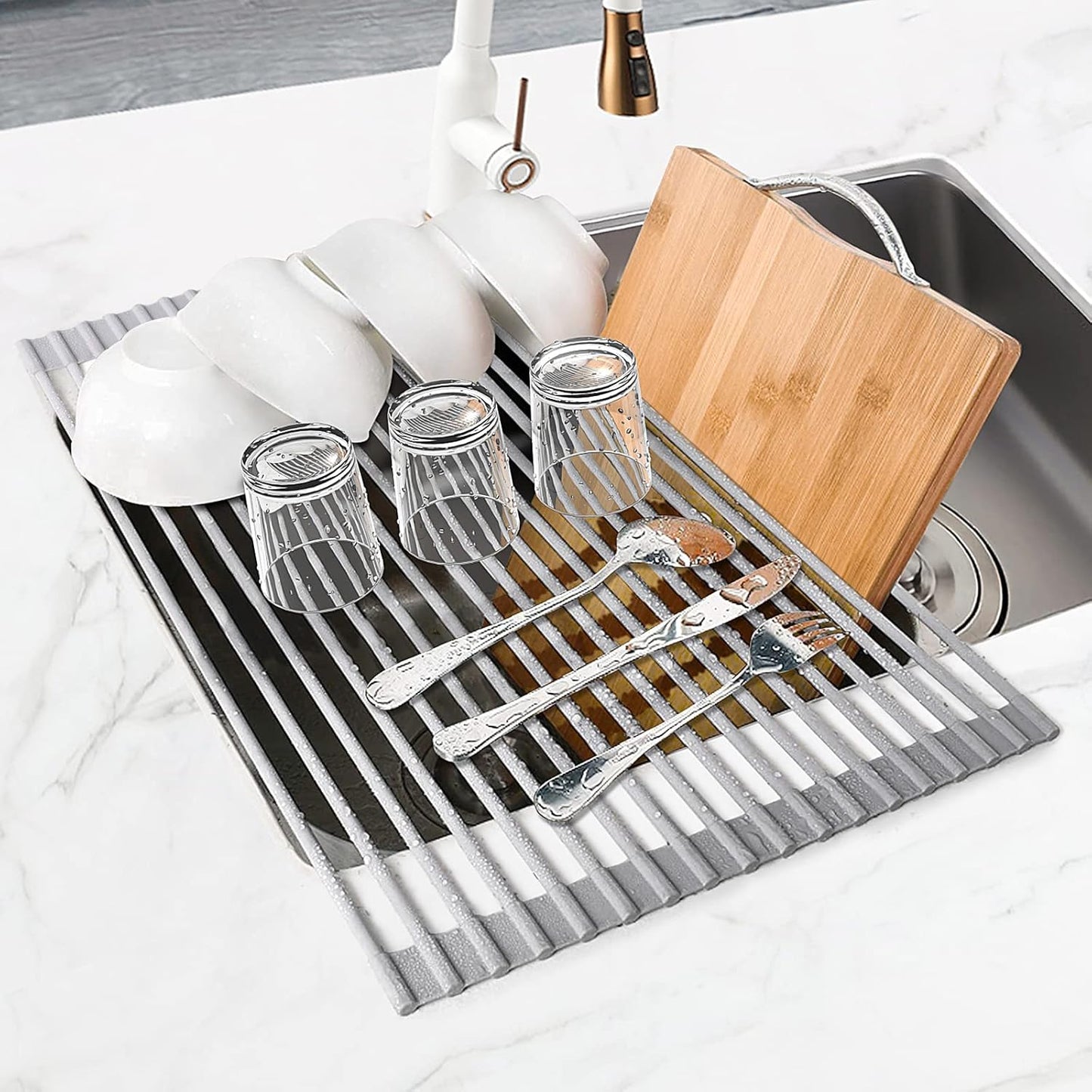 MERRYBOX Triangle Roll Up Dish Drying Rack Over The Sink, 2025 Anti-Rust Sink Drying Rack with Full Silicone Wrapped for Top of Corner, Anti-Slip Organizer for Kitchen