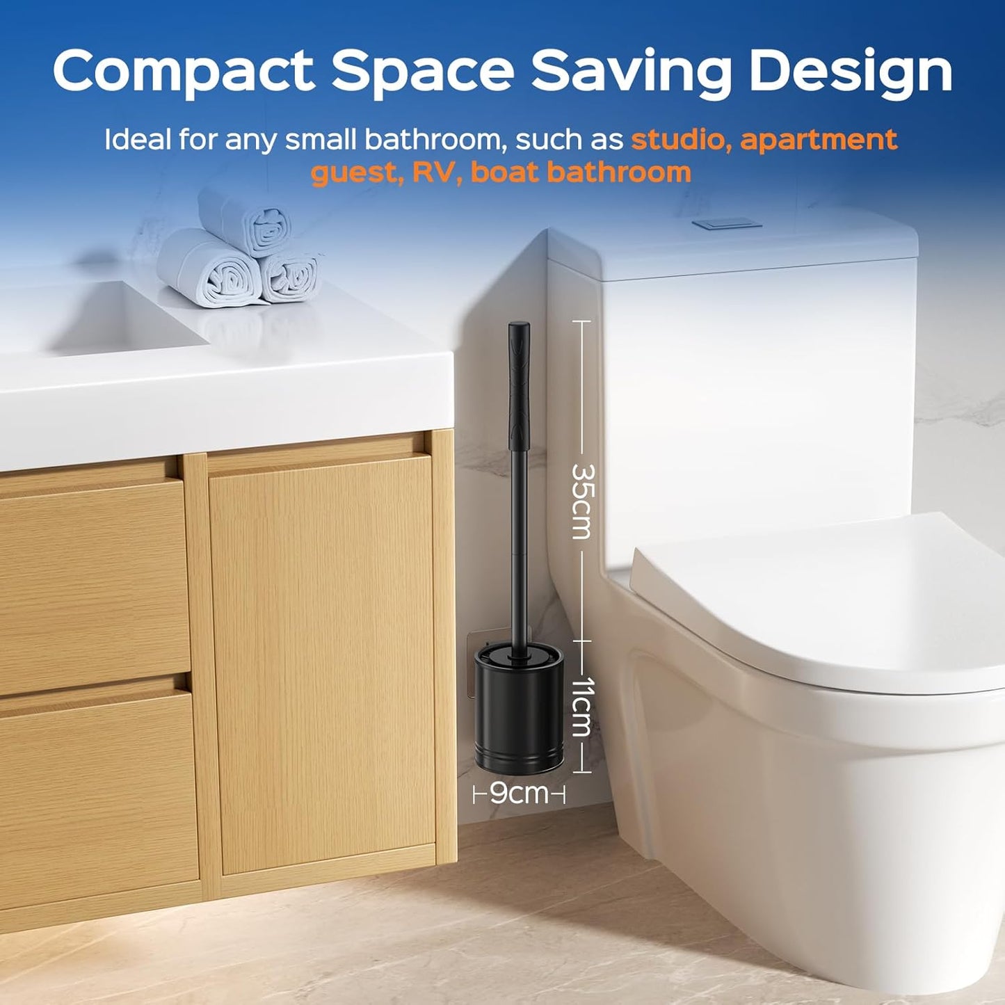 HAMITOR Toilet Bowl Brush Set: Compact Space-Saving Design with Hidden Holder for Small Bathrooms, Apartments & RVs - Bathroom Cleaning Accessories - Rustproof Toilet Scrubber Cleaner Kits Silver