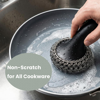 Cast Iron Scrubber with Long Handle | 316 Cast Iron Cleaner Chainmail Scrubber for Pan Skillet Cleaner - Dish Scouring Pad Dishwasher Safe Cleaning Kit (Blue, 1 Scrubber + 1 Scraper)