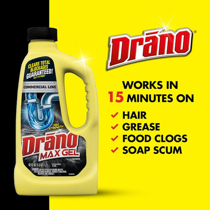 Drano Max Gel Drain Clog Remover and Cleaner for Shower or Sink Drains, Unclogs and Removes Hair, Soap Scum, Blockages, Commercial Line, 42 oz (Pack of 2)