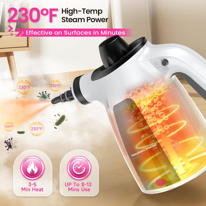 Steam Cleaner, Pressurized Handheld 13pcs Multi-Purpose Natural Deep Cleaning Steamer, Portable Steamer for Cleaning Home, Grout, Kitchen, Car, Window, Upholstery, Bathroom and Clothes, Gray
