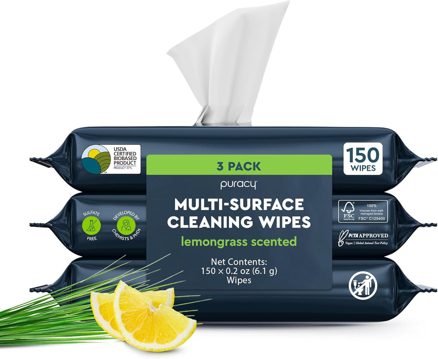 Puracy All-Purpose Cleaning Wipes – Non Toxic All Purpose Cleaner for Grease & Grime, Appliance Wipes, Lemongrass Scent (10.8 oz, 1 Pack, 50 Count)