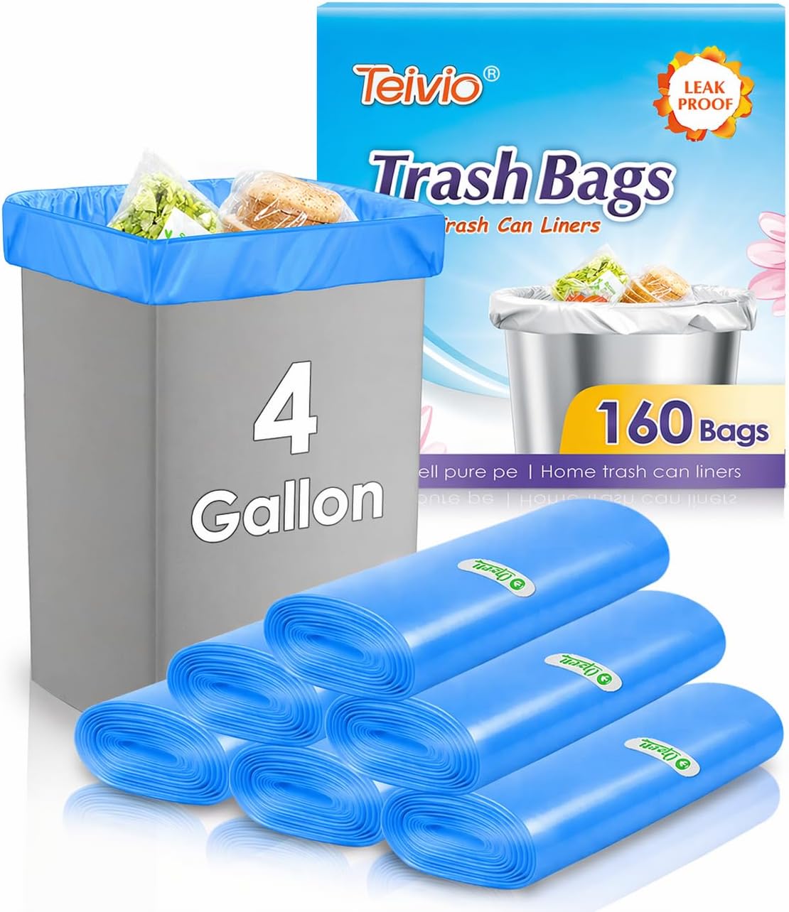 Teivio Small Trash Bags 4 Gallon 120 Counts Garbage Bags, Bathroom Trash Can Bin Liners, Small Plastic Bags for home office kitchen, fit 12-15 Liter, 3,3.5,4.5 Gal, Clear