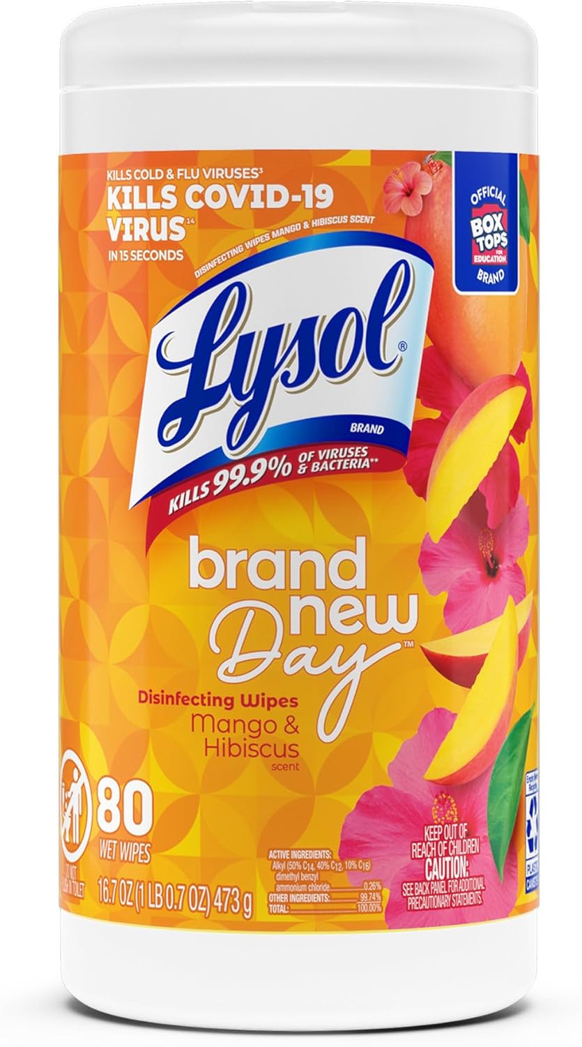 Lysol Disinfectant Wipes, Multi-Surface Antibacterial Cleaning Wipes, Dorm Room Essentials for Disinfecting and Cleaning, Mango and Hibiscus Scent, 35ct (Pack of 1)