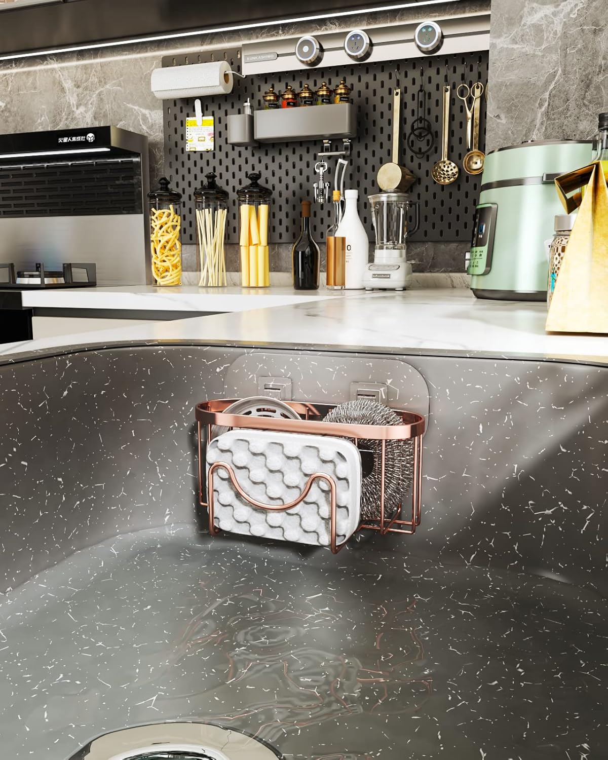 HapiRm Multifunctional Sponge Holder with Unique M-Shaped, 2 Installation Methods Kitchen Sink Caddy Organizer, Rustproof Stainless Steel Kitchen Organizers and Storage Essentials - Black