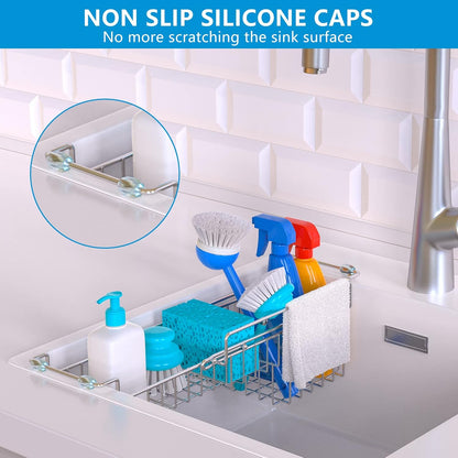 Dish Stands, Over The Kitchen Sink Caddy Sponge Holder Organizer Drying Rack Expandable for Sponge Brush Soap Dish Cloth Rag Smaller 12.25" to 17.25", Stainless Steel