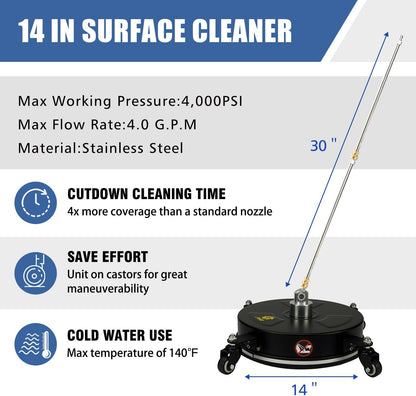 janz 14" Pressure Washer Surface Cleaner with 4 Wheels, Stainless Steel Housing, 1/4" Quick Plug, 2 Extension Wands, 2 Replacement Nozzles and 3 Spray Nozzles, 4000 PSI