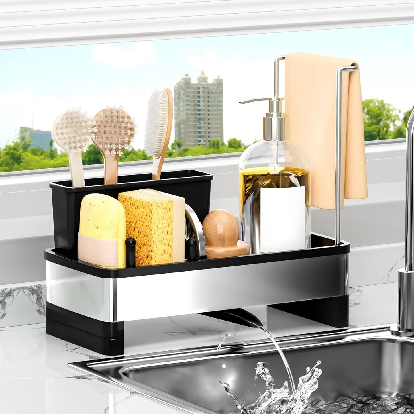 Ewaiira Sink Caddy, Sponge Holder for Kitchen Sink with Brush Holder Dishcloth Rack, Sink Organizer Countertop, Kitchen Organizers Storage Essentials,Black