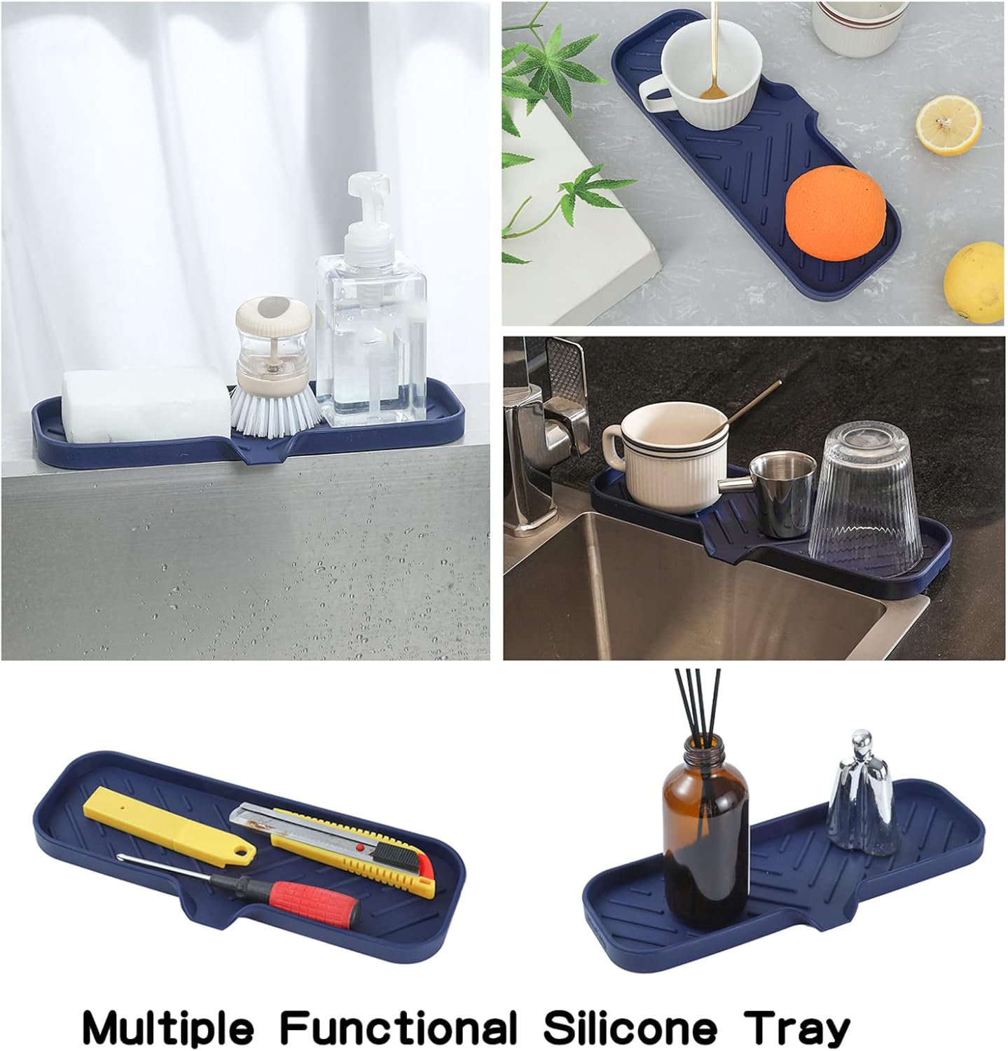 MicoYang Silicone Bathroom Soap Dishes with Drain Spout-Bathroom and Kitchen Sink Organizer,Sponge Holder,Dish Soap Tray,Perfect for Dispenser,Scrubber,Bottle,Cup on Sink or Counter-Black 4.9"×3.2"