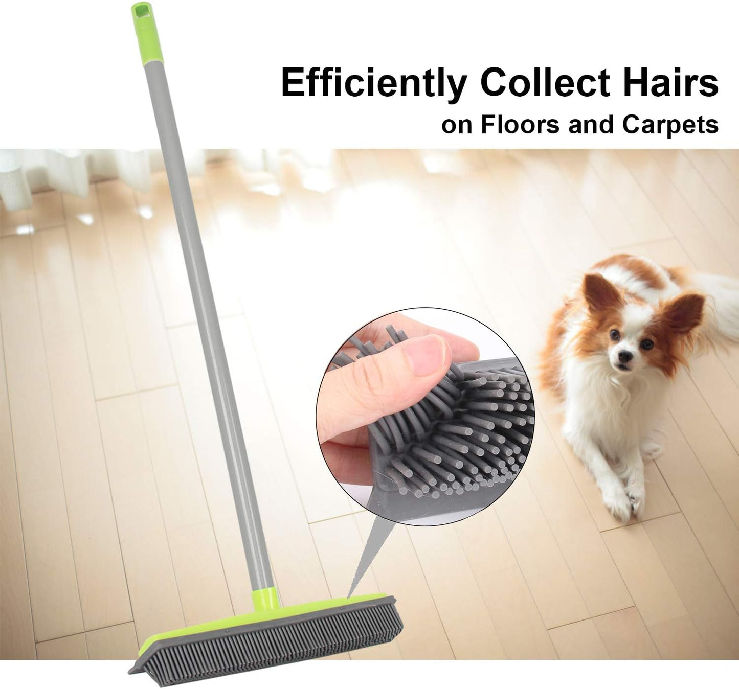 LandHope Carpet Rake for Pet Hair Remover Long Handle with Squeegee, Rubber Broom Carpet Brush Non Scratch Bristles Fur Remover Indoor Outdoor Push Broom for Cat Dog Hair Hardwood Tile Windows Clean