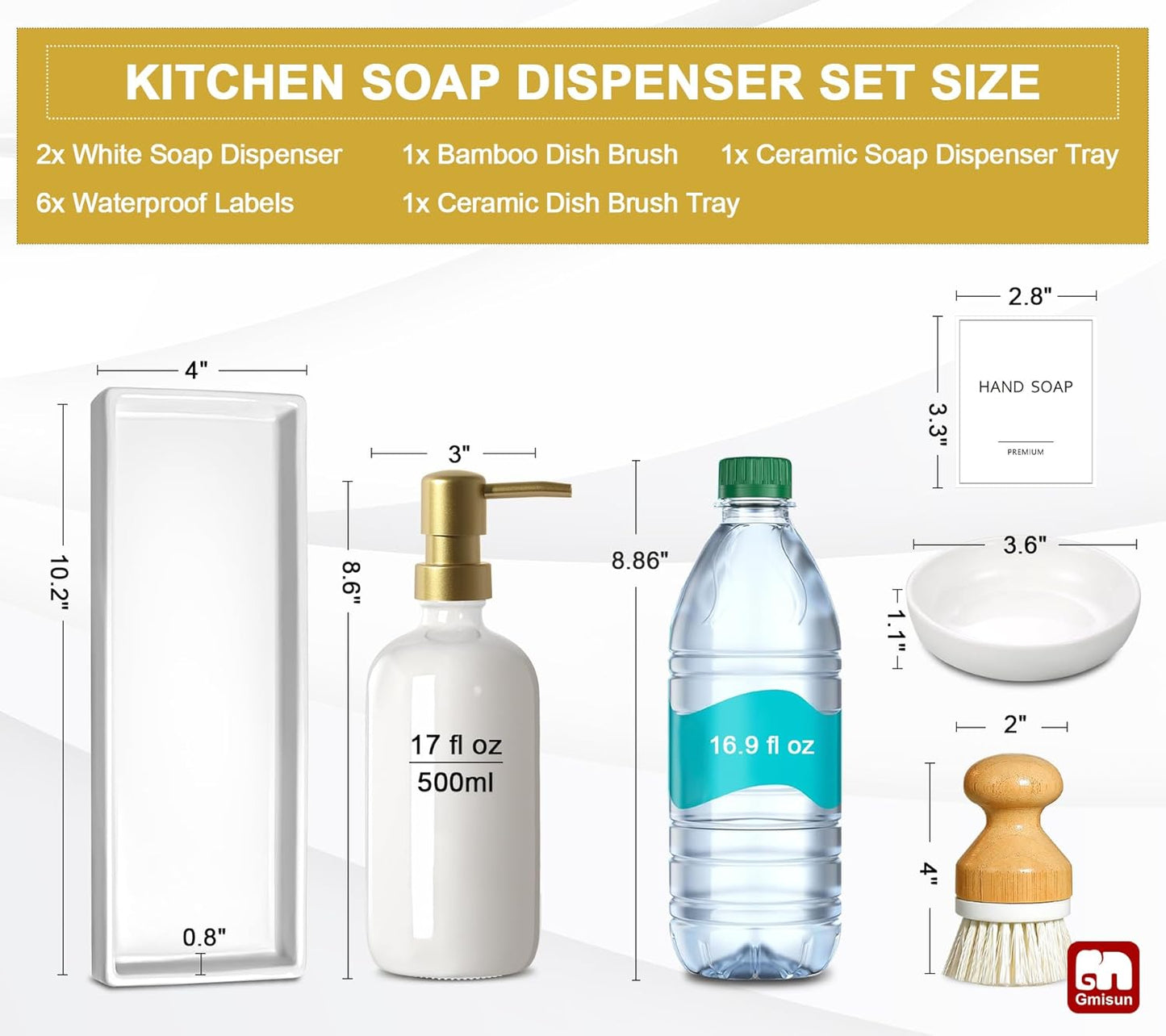 GMISUN Kitchen Soap Dispenser Set, 16 Oz Hand and Dish Soap Dispenser with Ceramic Tray & Bamboo Dish Brush, 2 Pack White Glass Liquid Pump Bottle, Modern Farmhouse Refillable Dish Soap Bottle
