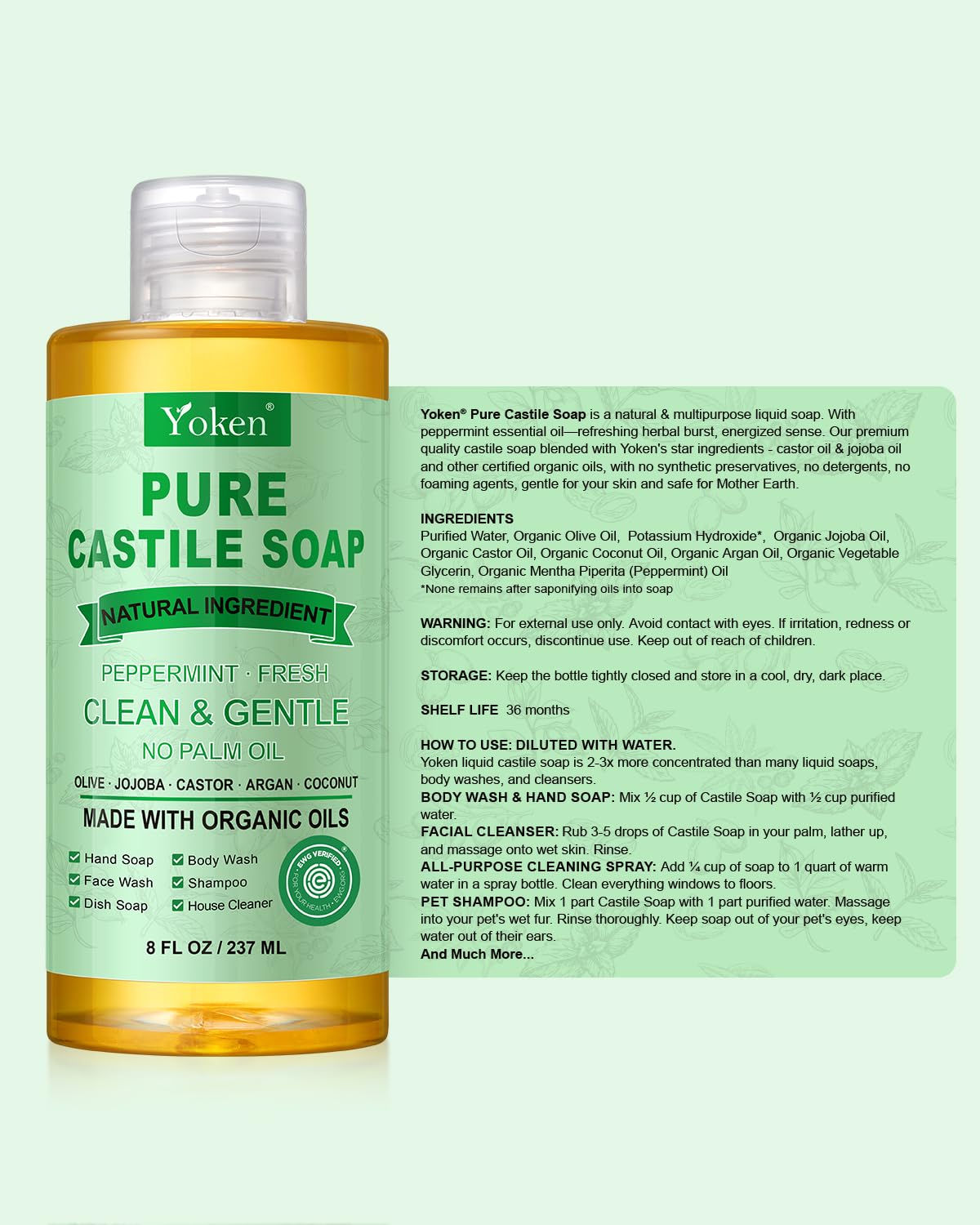 Yoken Castile Soap Liquid EWG Verified(1 Gallon, Unscented) Pure-Castile Liquid Soap for Body, Face, Hand, Pets, Laundry, Dish Soap and More - Made With Organic Oil, Vegan, Clean & Gentle, Versatile
