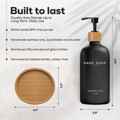 Clear Glass Dish Soap Dispenser by Brighter Barns - Kitchen Sink Set With Bamboo Tray - Modern Decor and Accessories, Minimalist Neutral Home (Clear)