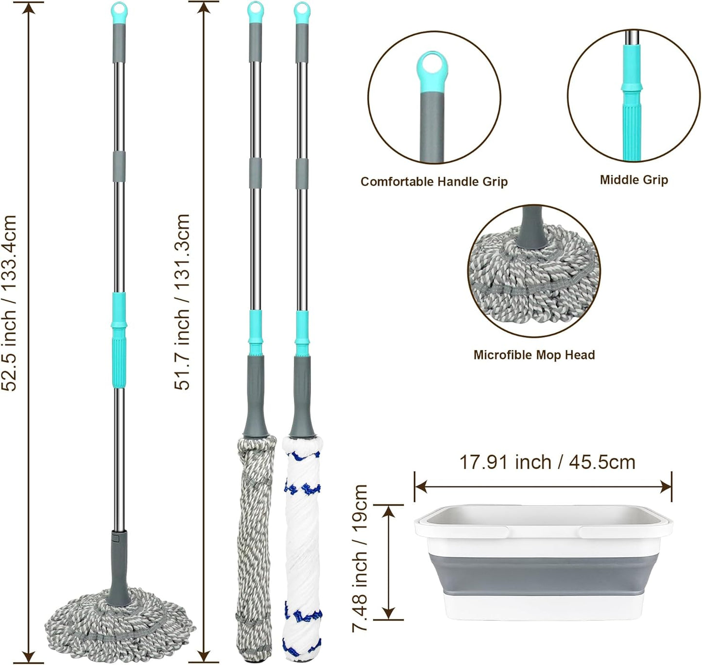 Self Wringing Floor Cleaner with 52.5 Inch Long Handle, Heavy Duty Wet Mop for Hardwood, Tile, Vinyl, Laminate Floors (White)