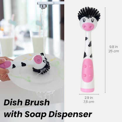 Vigar Felix Cat-Shaped Soap Dispensing Dish Brush, Dish Brush with Soap Dispenser for Pot Scrubber, Dishes, Sink, and Kitchen Essentials, Black, Gray