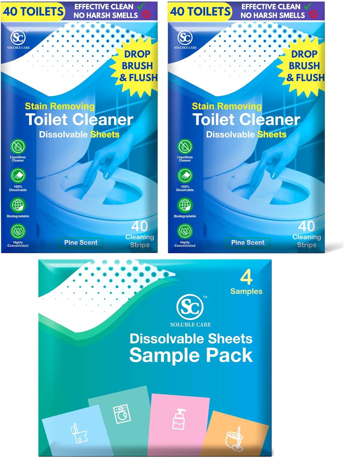 Dissolvable Toilet Bowl Cleaner Sheets (No Bottles, Easy Clean, Quick-Dissolving, Mess-Free, Septic-Safe Cleaning for Home & Office) - 40 Sheets, Pine Scent