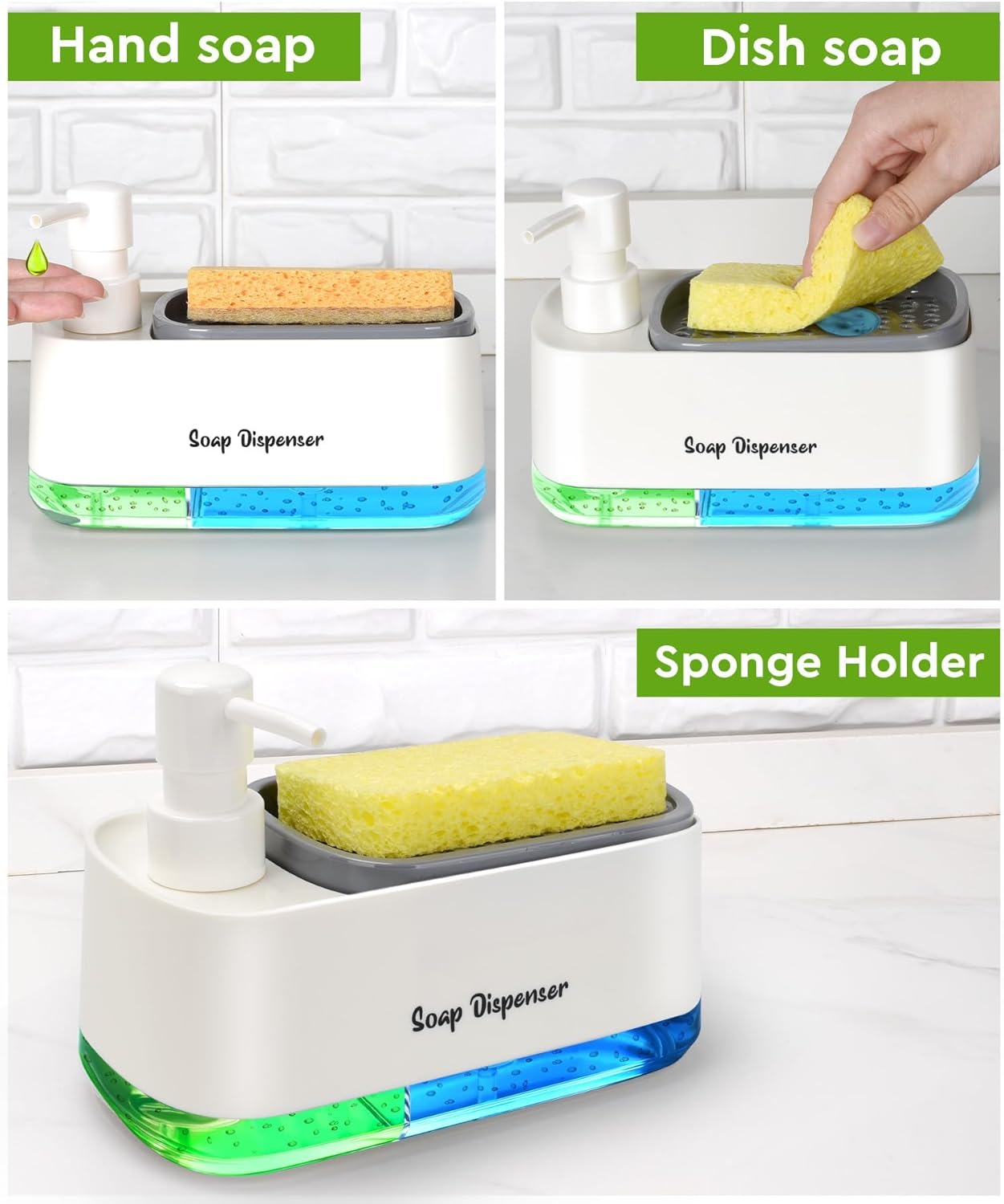 Kitchen Dish Soap Dispenser with Sponge Holder, 2-in-1 Countertop Soap Pump Dispenser, Soap Dispenser for Kitchen Sink with 2-Packs Wire Dishwashing Rag,Black