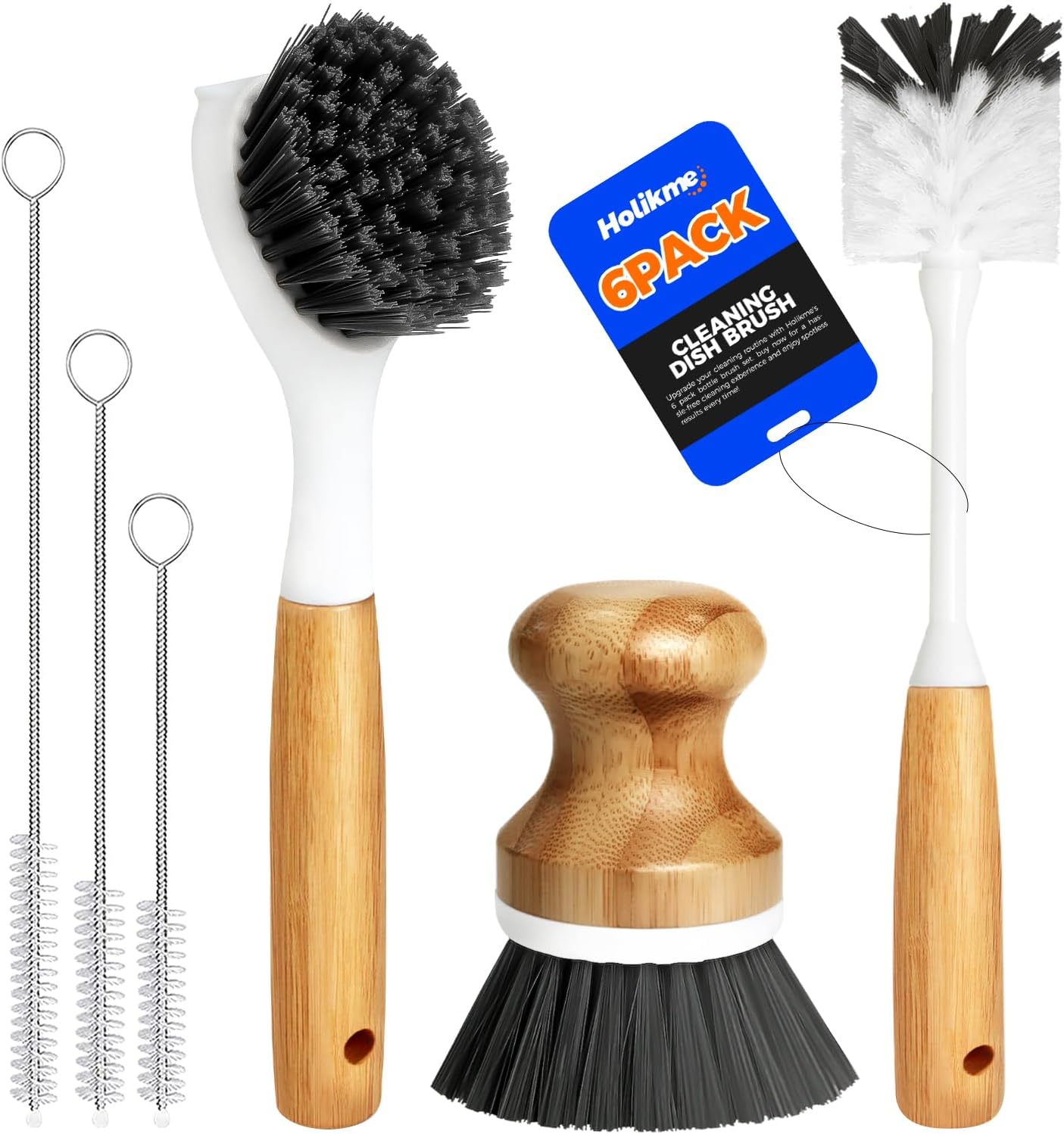 Holikme 6 Pack Dish Brush Scouring Pad Set with Bottle Brush, Dish Brush, Palm Scrub Brush and Straw Brush, Dish Scrubber Long Handle for Dish Bottle Cup Skillet Wok Pot Pan Cast Iron, Yellow