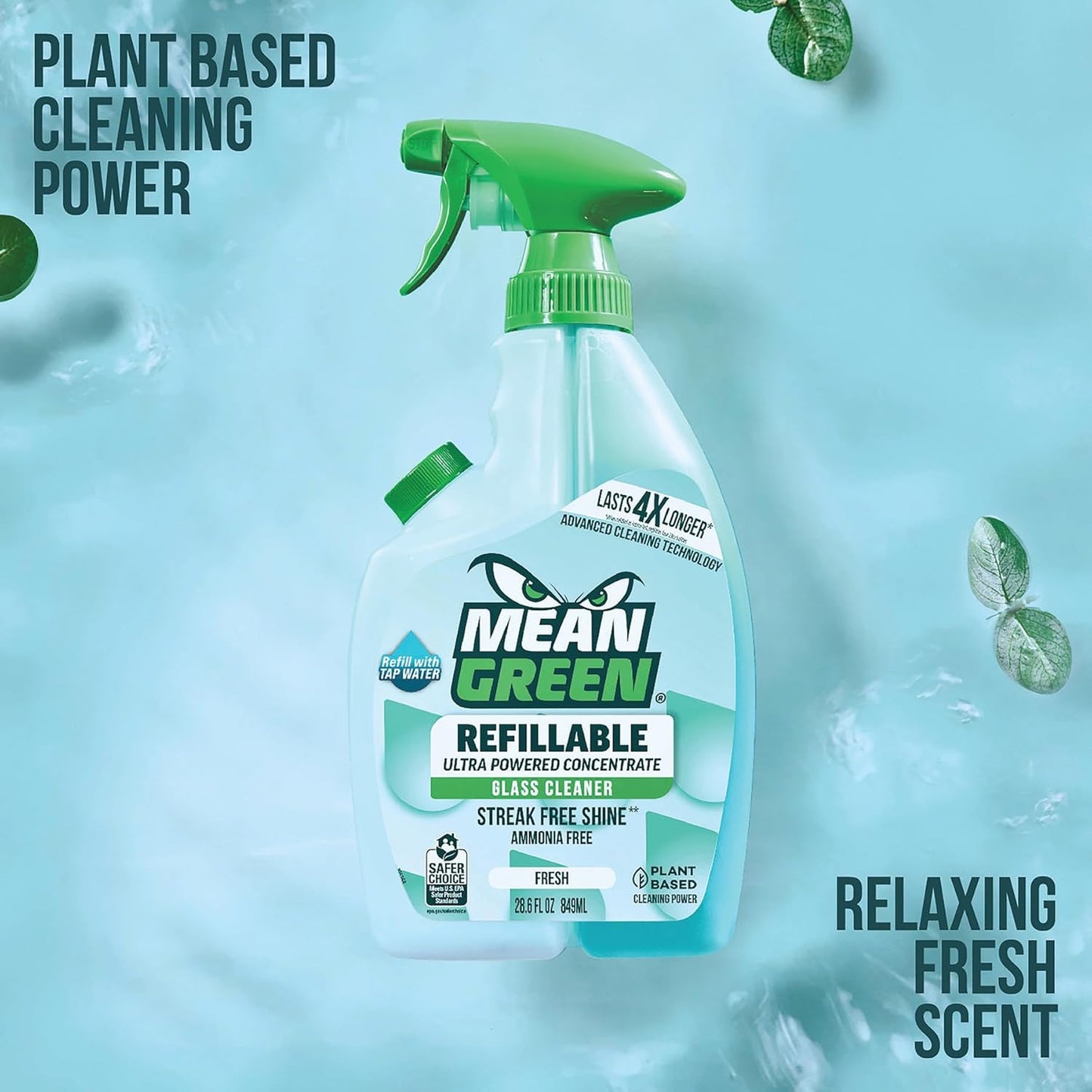 Mean Green Refillable Ultra Powered Glass Cleaner Concentrate, Fresh Scent, 14.3 fl oz (2-Pack) – Plant & Mineral Based, Streak-Free Shine, Refillable Bottle Makes 4X Refills