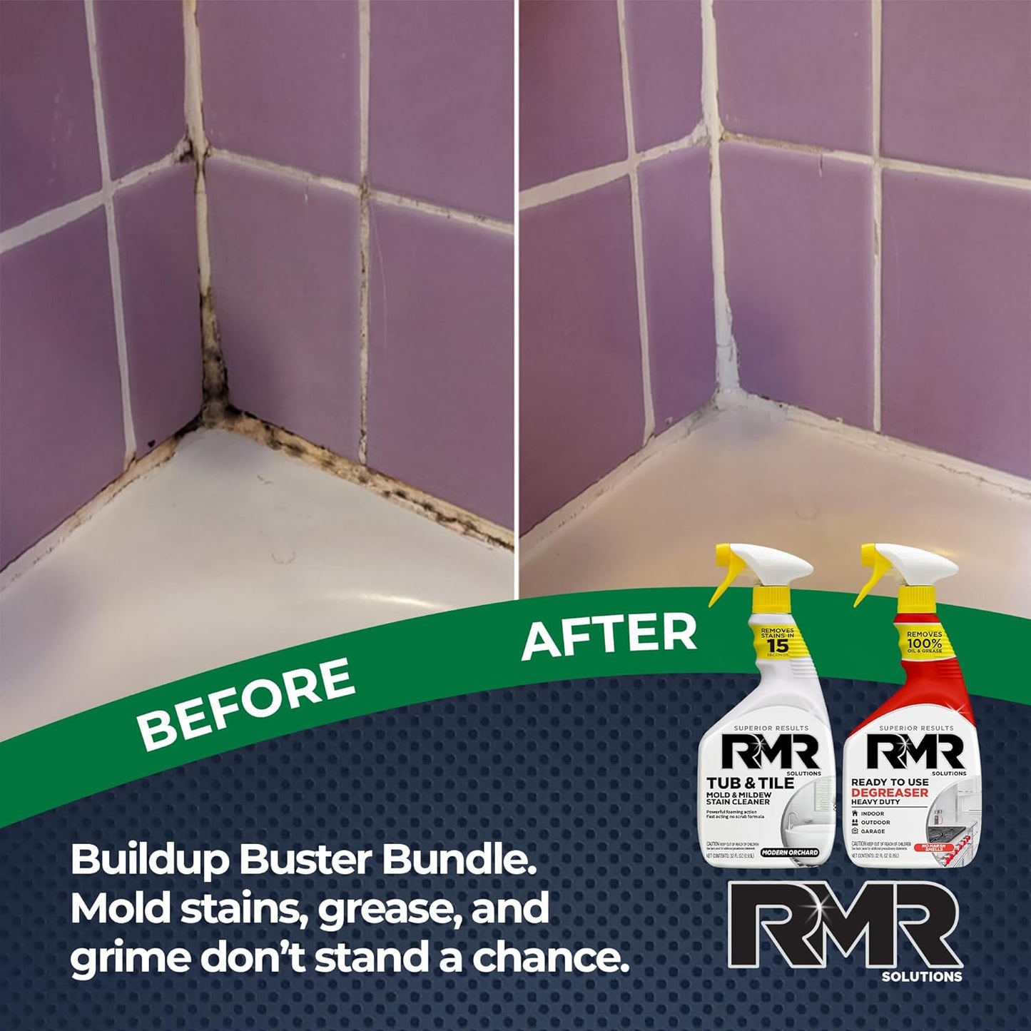 RMR Grime To Shine System – Tub & Tile Stain Remover + Ready to Use Degreaser, 2-Step Bathroom and Surface Cleaning Bundle for Tile, Grout, Shower, Counters, Floors and More, 2–32 Oz Bottles