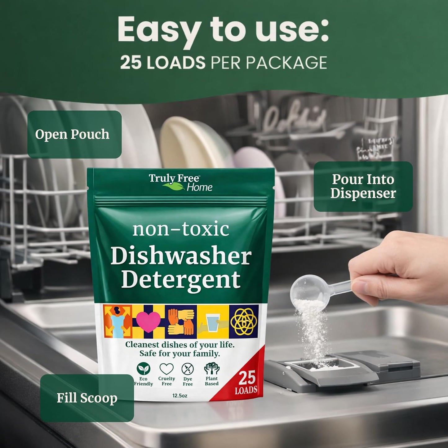 Truly Free Dishwasher Detergent Powder | Natural Dish Detergent, Dishwasher Soap | Plastic Free, Plant-Based, Clean, Heavy Duty Hard Water Stain & Grease Remover | Fragrance Free | 12.5 oz (Pack of 1)