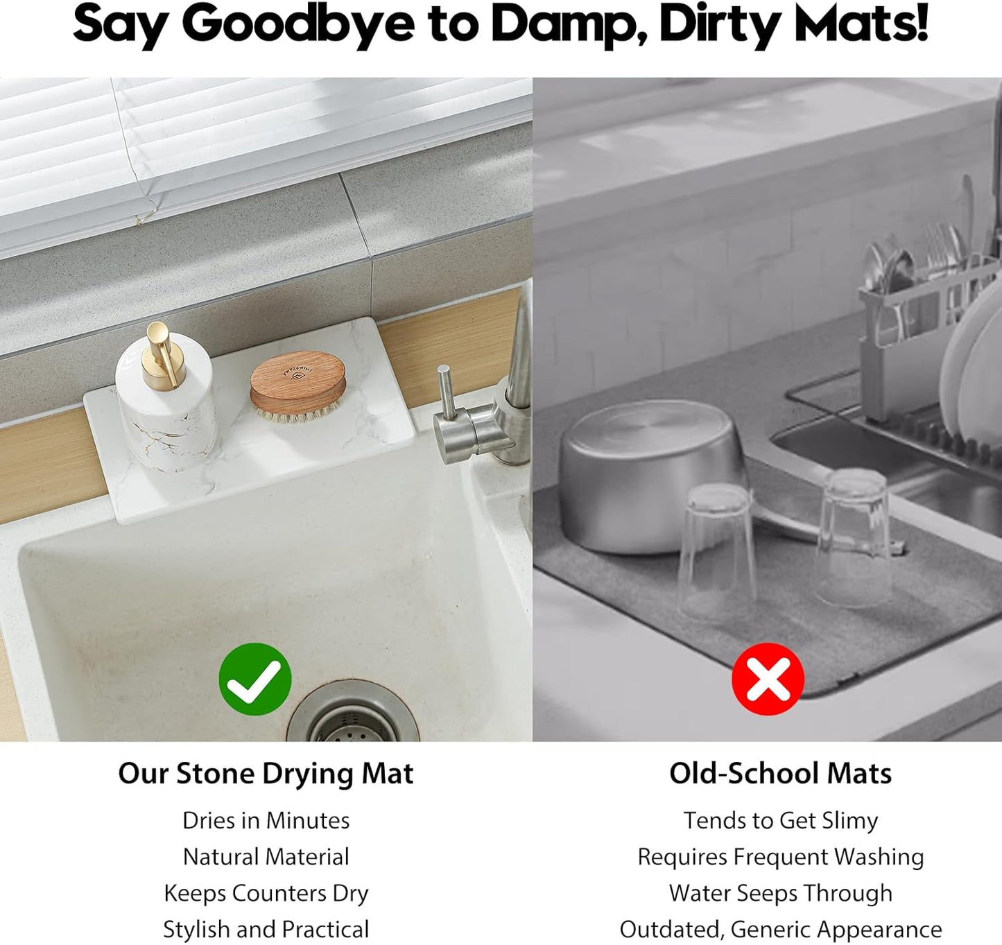 2PCS Water Absorbing Stone Drying Tray for Kitchen Counter & Bathroom Sink, Diatomite Faucet Splash Guard, Soap Dispenser Rack & Sponge Holder Caddy Organizer, Marble White (Printed Pattern), 9"x 3.5"