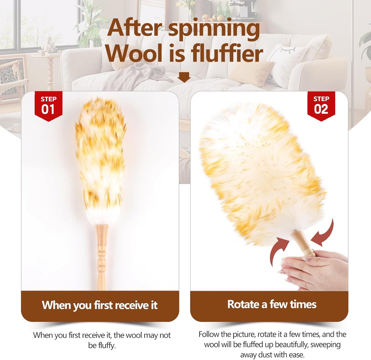 Lambswool Duster for Cleaning with Solid Wooden Handle Leather Hang Strap 87.8" Removable Retractable Feather Duster for Cleaning Ceiling Fans Window Blinds Interior Roof Furniture(2 Pack)