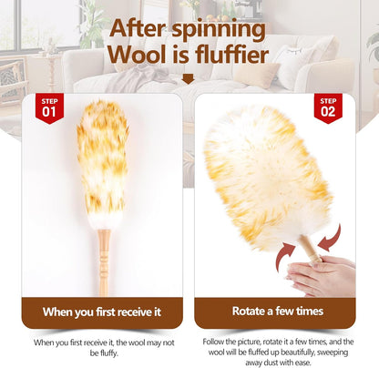 Lambswool Duster for Cleaning with Solid Wooden Handle Leather Hang Strap 87.8" Removable Retractable Feather Duster for Cleaning Ceiling Fans Window Blinds Interior Roof Furniture(2 Pack)