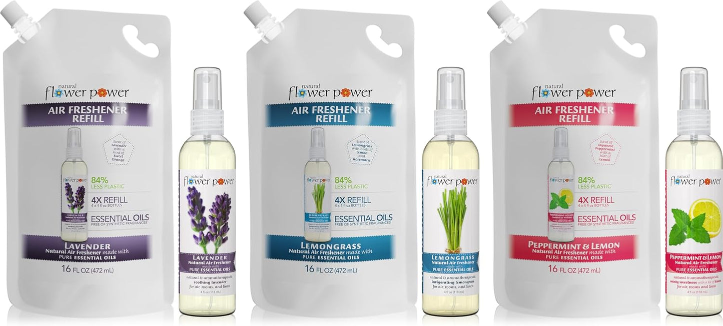 Natural Flower Power Air Freshener Spray - Odor Eliminator with Essential Oils for Home, Car & Fabric - Cruelty Free & Vegan - Variety Pack - Citrus & Spice + Lavender + Lemongrass - 3 x 4 fl oz
