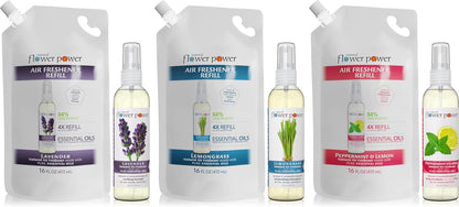 Natural Flower Power Air Freshener Spray - Odor Eliminator with Essential Oils for Home, Car & Fabric - Cruelty Free & Vegan - Variety Pack - Citrus & Spice + Lavender + Lemongrass - 3 x 4 fl oz