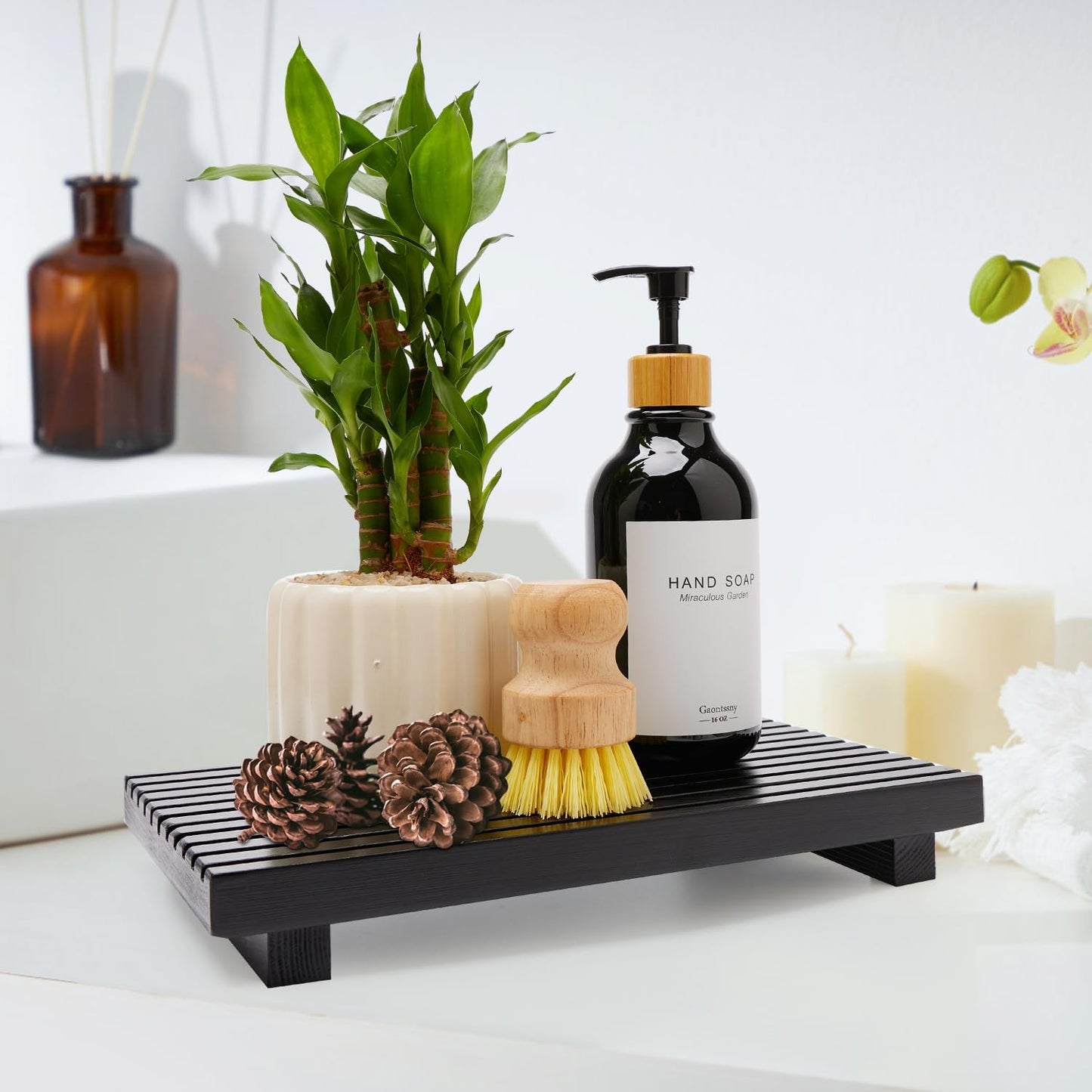 Renawe Small Kitchen Sink Soap Tray for Counter Soap Dish Dispenser Holder Wooden Risers Stand for Bathroom Decor Farmhouse Wood Pedestal Kitchen Accessories Countertop Vanity Counter Decorative Tray