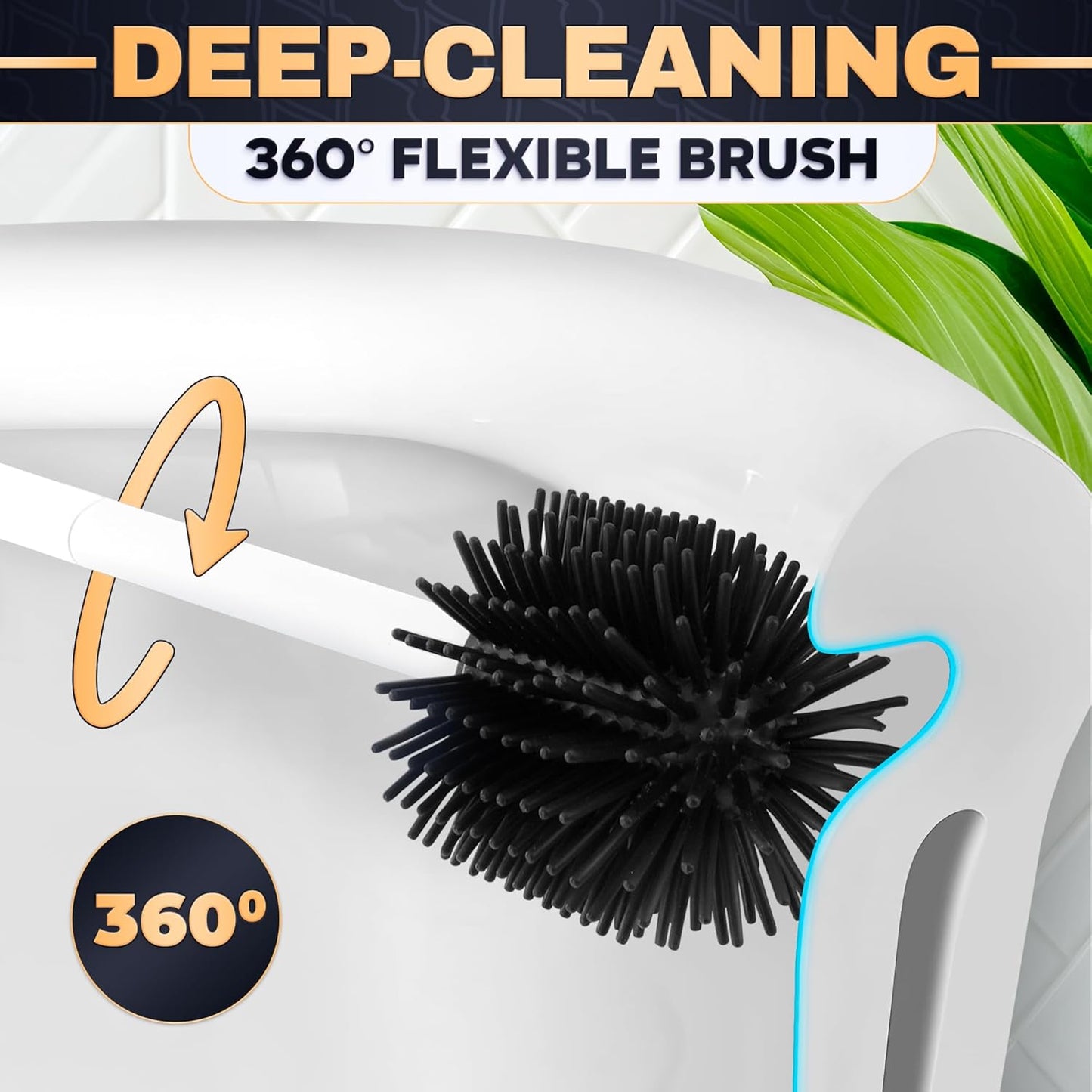 Toilet Brush and Holder Set - Silicone Toilet Brush Cleaner with Dark Grey Holder Base, Compact Accessory for Small Spaces - Easy to Place & Simple to Store After Use, Plastic Bathroom Cleaning Tool