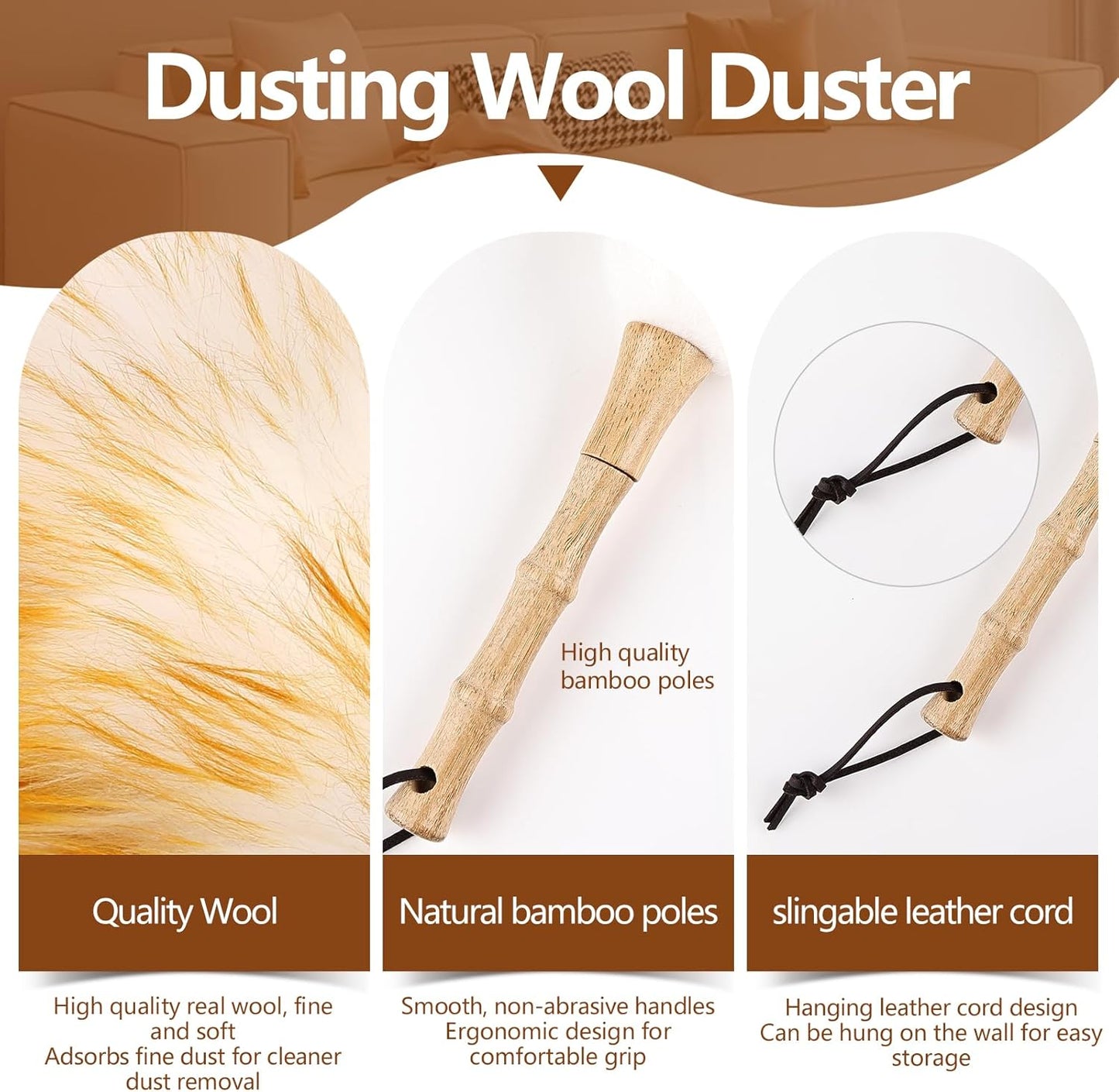 Lambswool Duster for Cleaning with Solid Wooden Handle Leather Hang Strap 87.8" Removable Retractable Feather Duster for Cleaning Ceiling Fans Window Blinds Interior Roof Furniture(2 Pack)