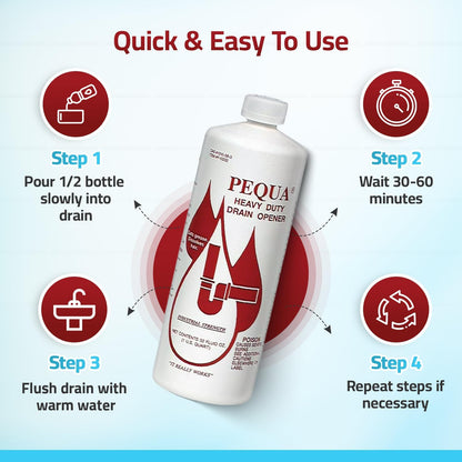 PEQUA INDUSTRIES P-10232 Pequa Heavy Duty Drain Opener, Non-Acid, Fast-Acting Formula, Industrial strength Drain Cleaner for Sinks, Tubs, Septic Tanks -32 Oz