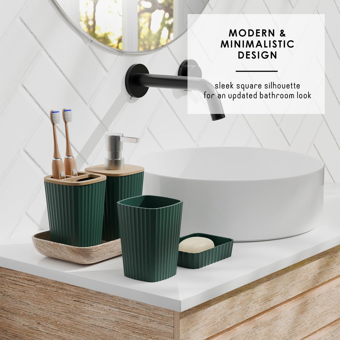 Clara Clark Bathroom Set - Sage Green Bathroom Accessories Set, 6PC Bathroom Accessory Set, Bathroom Sets with Toilet Brush, Trash Can & Soap Dispenser