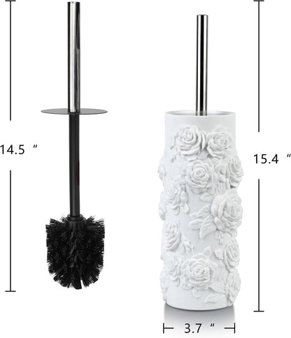 White Floral Branches Design Resin Toilet Bowl Brush and Holder Set, Elegant Bathroom Cleaning Tool with Durable Bristles, Compact and Functional